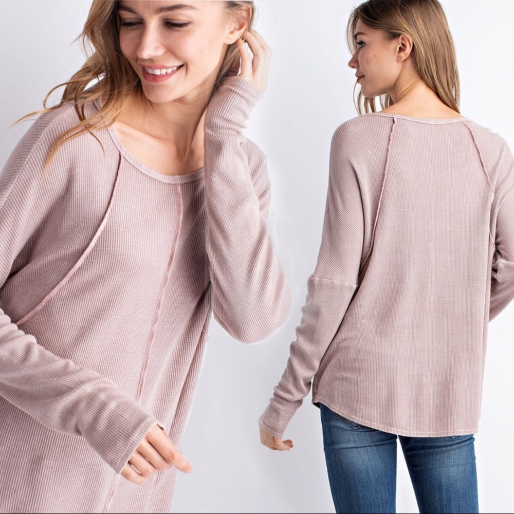 Mauve Exposed Seam Waffle Knit Thermal Top - Picture 5 of 6
